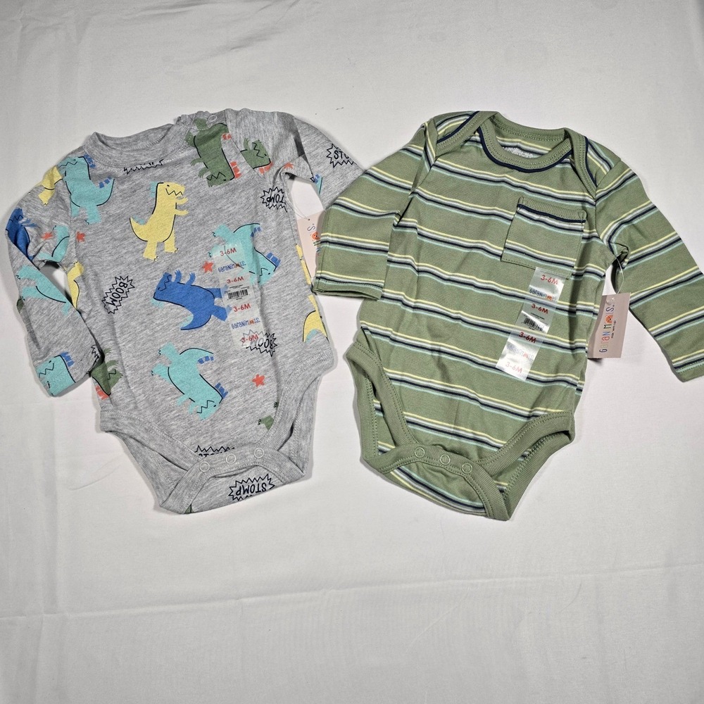 Garanimals Baby Boys 2pk Long Sleeve Bodysuits Dinosaur Stripe‎ 3-6 Months NWT